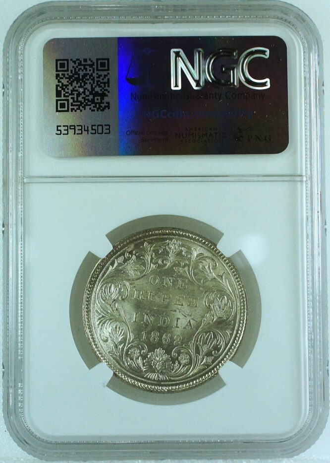 India British 1862 B Rupee SW-4.57A Type D/2A, 0/0 NGC MS63 - Image 2