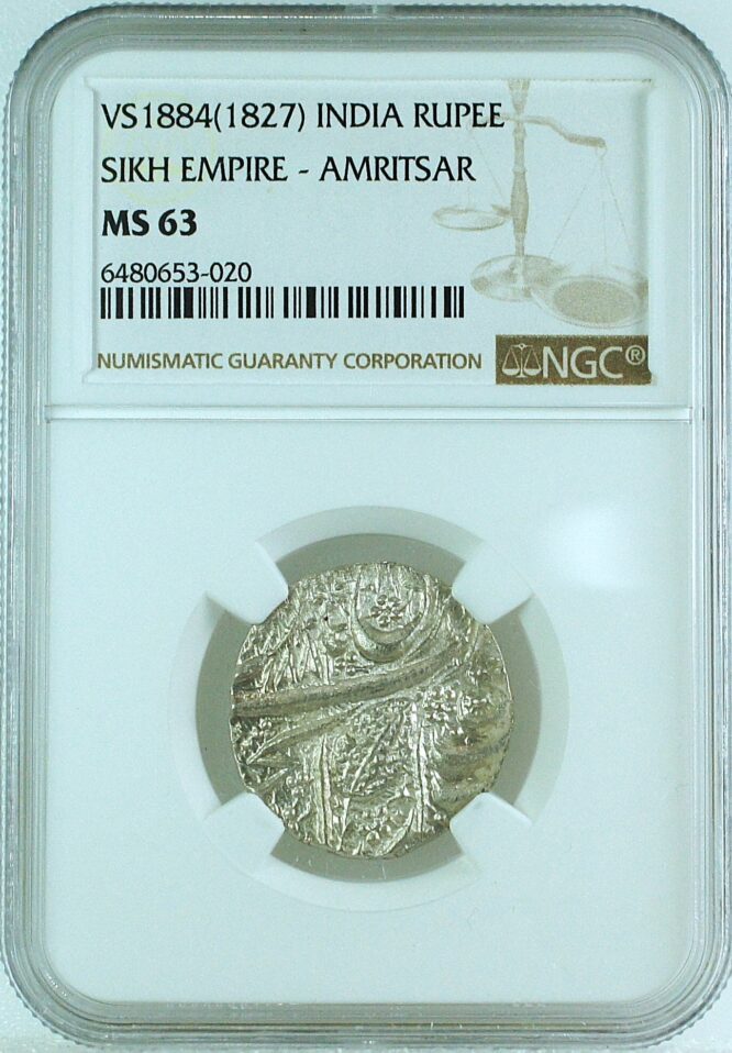 India Sikh Empire VS1884(1827) Rupee Amritsar NGC MS63