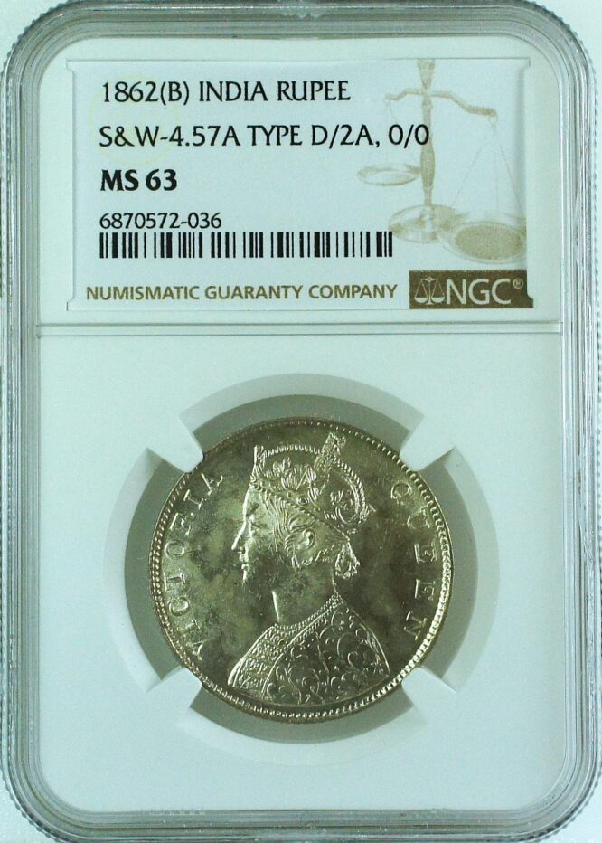 India British 1862 B Rupee SW-4.57A Type D/2A, 0/0 NGC MS63