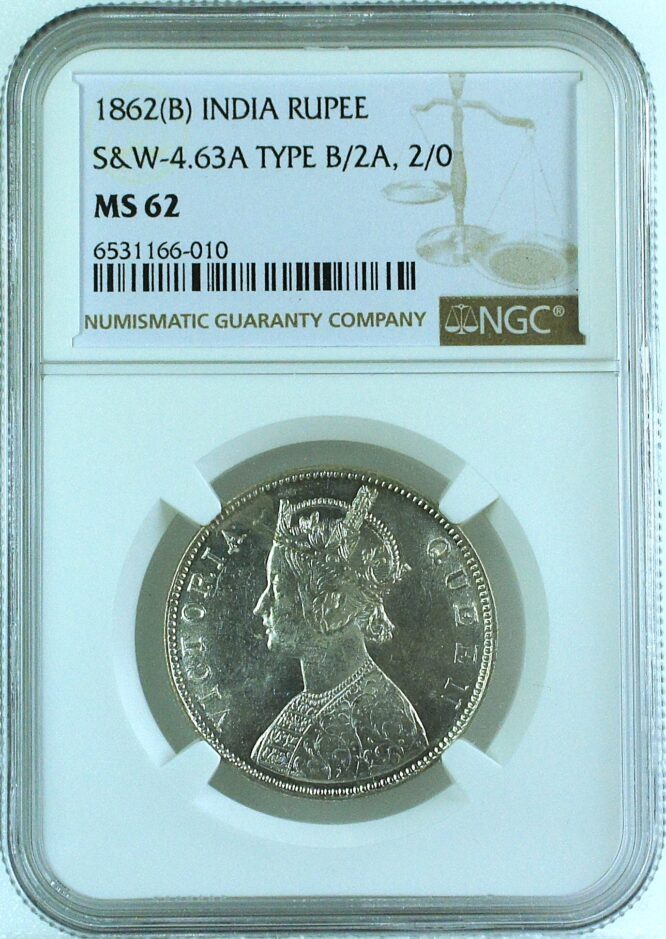 India British 1862 B Rupee SW-4.63A Type B/2A, 2/0 NGC MS62