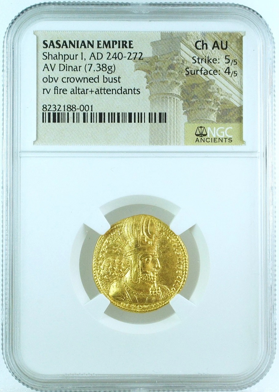 Sasanian Empire Shahpur I AD240-272 AV Dinar NGC CH AU 5/5, 4/5 - RRR